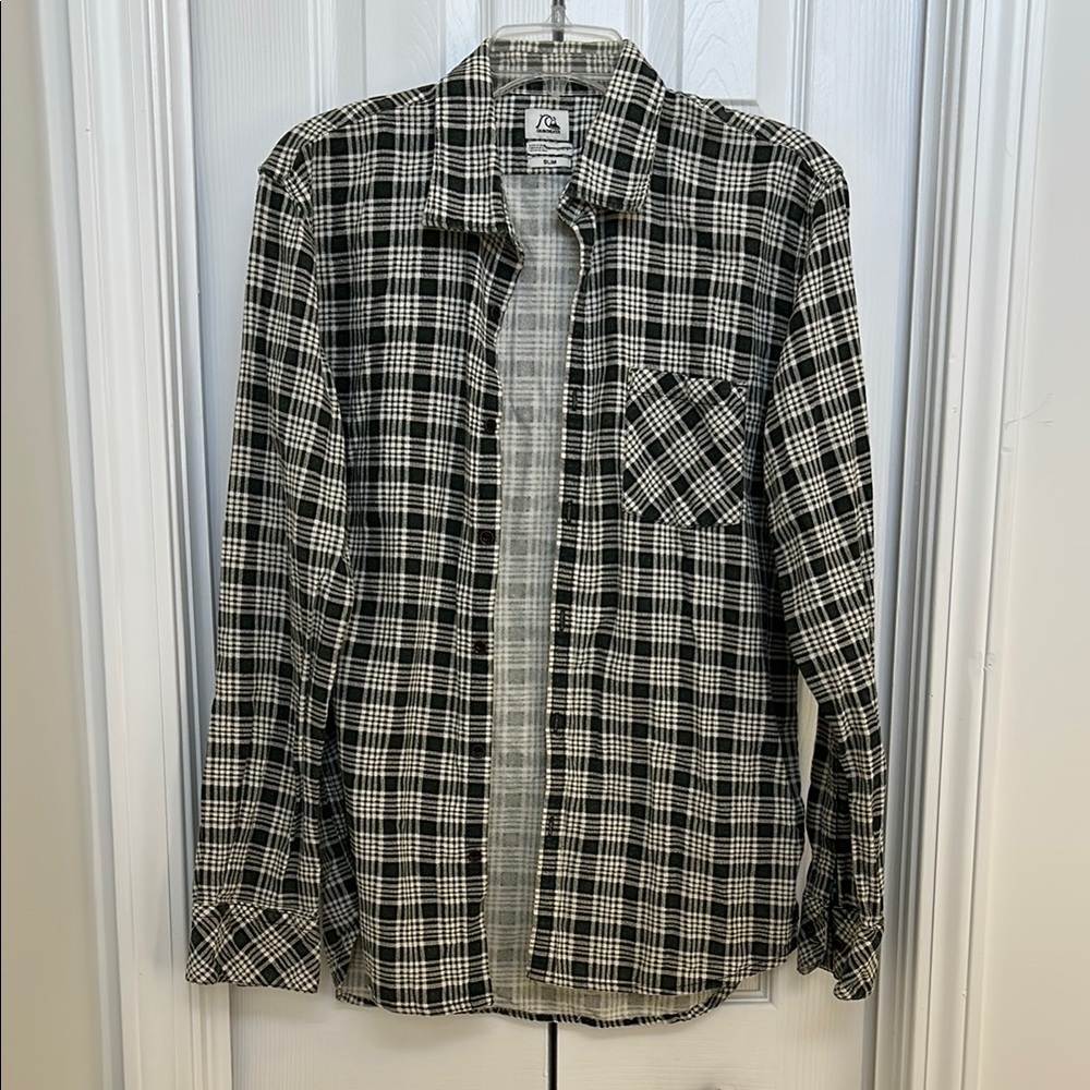 Quiksilver Green, Black, and White Plaid Button-Up Shirt